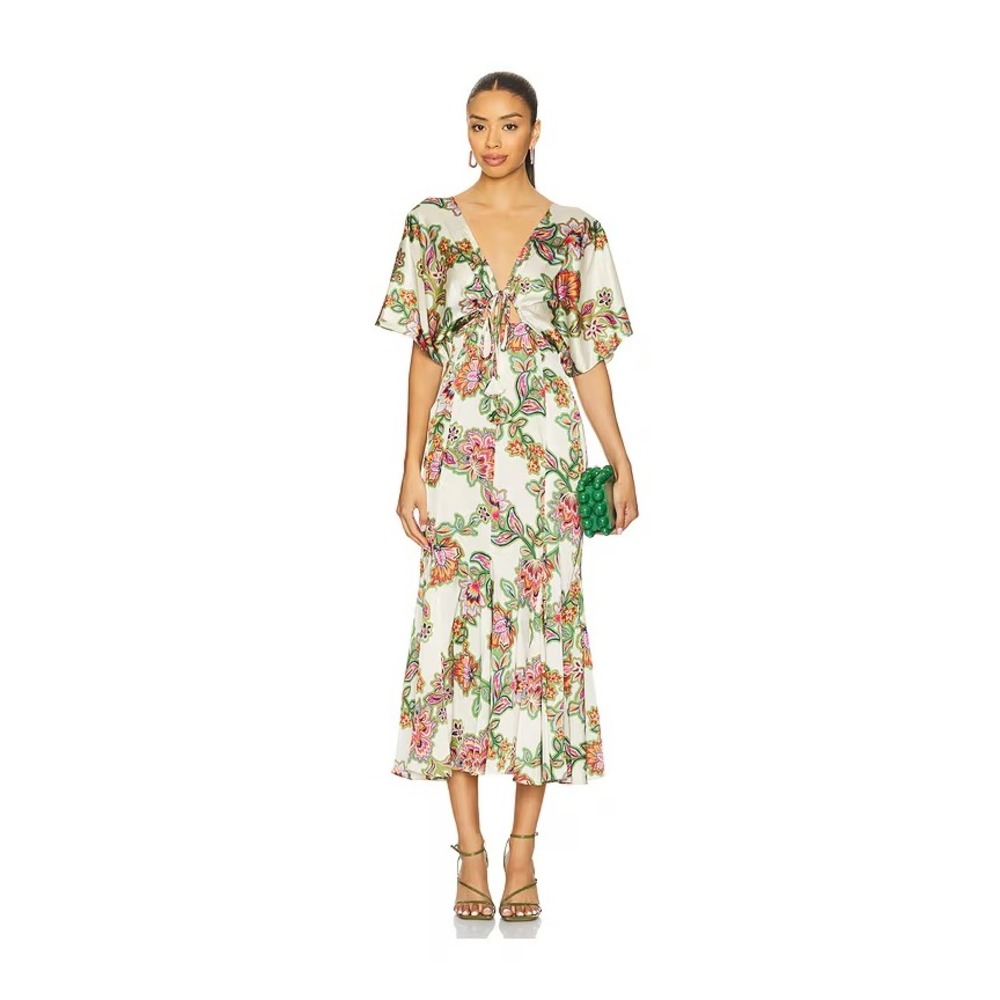 MISA Los Angeles Irena Midi Dress Cream Floral V-Neck Flutter Sleeve Womens Sz S